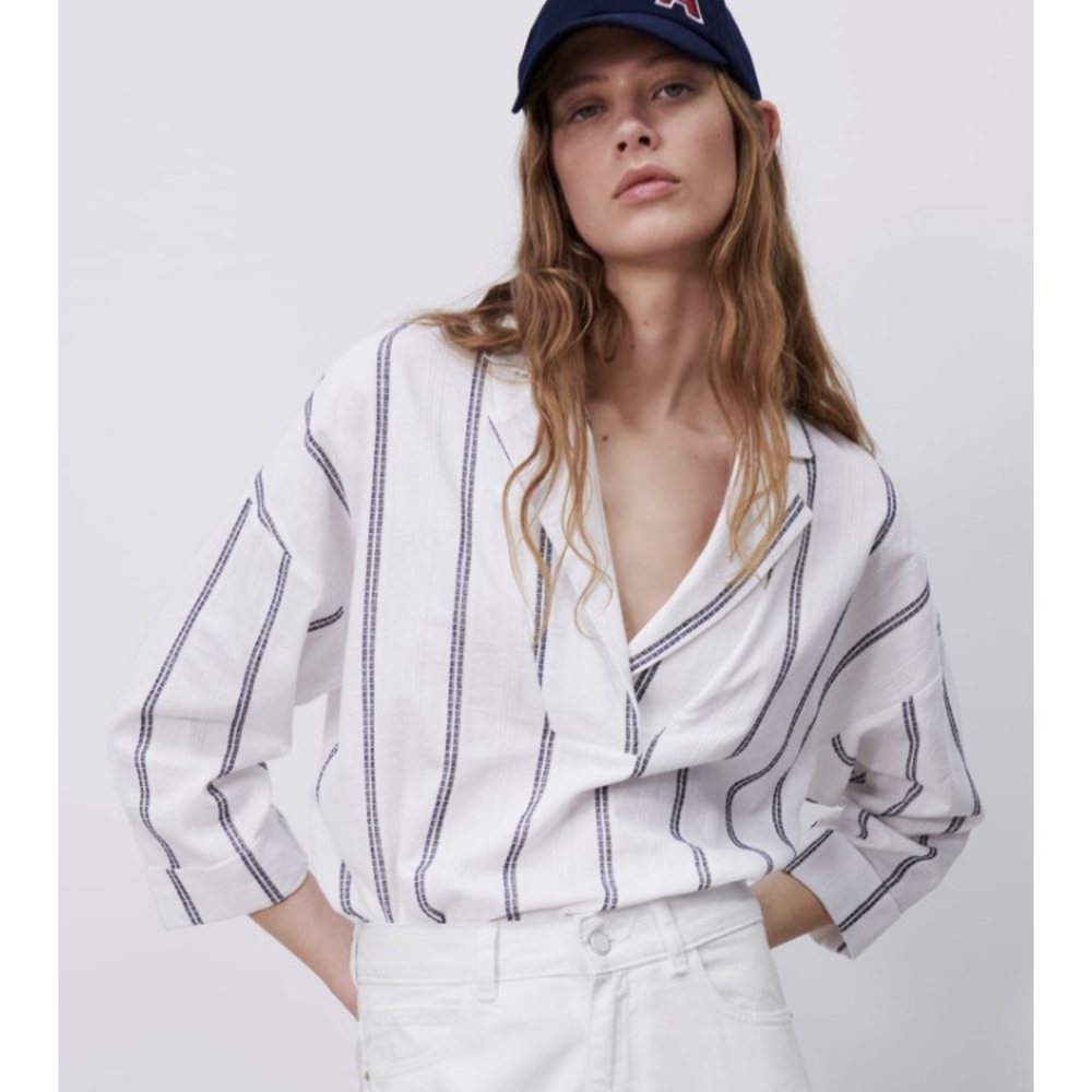 Zara cotton striped tunic, split neck, size XL, blue white